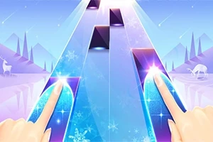 화면 중앙에서 두 손가락이 밝게 빛나는 색상의 타일을 누르고 있으며, 배경에는 눈 덮인 산과 눈송이가 보입니다