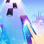화면 중앙에서 두 손가락이 밝게 빛나는 색상의 타일을 누르고 있으며, 배경에는 눈 덮인 산과 눈송이가 보입니다