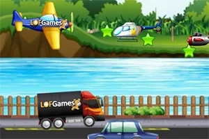 비행기, 헬리콥터, 자동차가 등장하는 강 옆 도로와 하늘의 장면