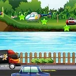 비행기, 헬리콥터, 자동차가 등장하는 강 옆 도로와 하늘의 장면