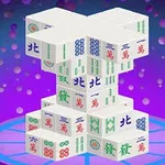 다양한 문양과 숫자가 새겨진 마작 타일이 탑 형태로 쌓여 있는 이미지