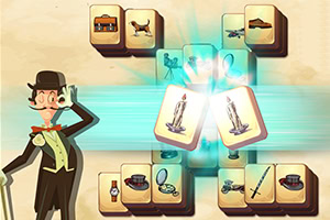 남성 캐릭터가 중절모를 쓰고 지팡이를 들고 서 있으며 여러 개의 타일이 화면에 배치되어 있는 모습