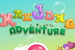다채로운 색상의 거품과 함께 Mahjong Adventure라는 알록달록한 글자가 있는 하늘색 배경