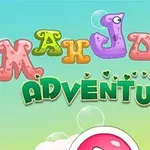 다채로운 색상의 거품과 함께 Mahjong Adventure라는 알록달록한 글자가 있는 하늘색 배경