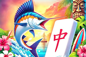 화려한 색상의 바다와 돛새치, 플로랄 장식, 마작 타일, 티키 얼굴 상징이 함께 있는 열대 테마 이미지