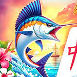 화려한 색상의 바다와 돛새치, 플로랄 장식, 마작 타일, 티키 얼굴 상징이 함께 있는 열대 테마 이미지