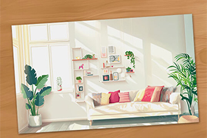 밝은 햇살이 비치는 거실에 소파와 다양한 쿠션, 실내 식물이 있는 아늑한 인테리어