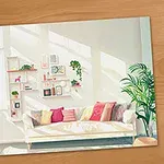 밝은 햇살이 비치는 거실에 소파와 다양한 쿠션, 실내 식물이 있는 아늑한 인테리어