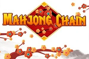 붉은색 배경의 마름모와 MAHJONG CHAIN이라는 글자, 주변에 피어 있는 붉고 노란 꽃들이 있는 나무 가지