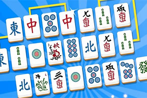 파란색 배경에 다양한 문양과 한자가 그려진 마작 패 타일들이 배열되어 있습니다