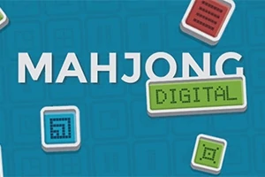 파란 배경 위에 MAHJONG과 DIGITAL 텍스트가 있으며, 주변에 다양한 색상의 작은 정사각형 타일들이 있습니다