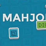 파란 배경 위에 MAHJONG과 DIGITAL 텍스트가 있으며, 주변에 다양한 색상의 작은 정사각형 타일들이 있습니다