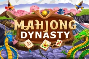 화려한 용과 분홍색 벚꽃 나무 배경에 MAHJONG DYNASTY라는 텍스트가 중앙에 있는 이미지