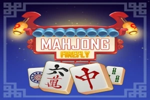 붉은색 장식과 등이 있는 파란색 배경 위에 마작 타일 세 개와 MAHJONG FIREFLY라는 텍스트가 있습니다