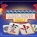 붉은색 장식과 등이 있는 파란색 배경 위에 마작 타일 세 개와 MAHJONG FIREFLY라는 텍스트가 있습니다