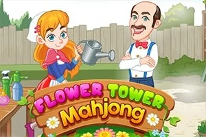 소녀가 물뿌리개를 들고 있고, 남자가 팔짱을 낀 채 웃고 있는 정원의 모습과 Flower Tower Mahjong이라는 글자가 있는 이미지