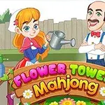 소녀가 물뿌리개를 들고 있고, 남자가 팔짱을 낀 채 웃고 있는 정원의 모습과 Flower Tower Mahjong이라는 글자가 있는 이미지