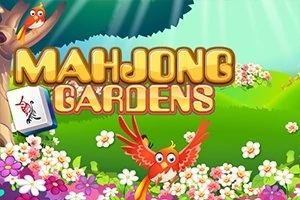 밝은 정원 배경에 다양한 색상의 꽃들이 만개해 있고, 중앙에 새가 있으며 상단에는 MAHJONG GARDENS라는 글씨가 보입니다