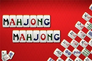 붉은 배경 위에 마작 타일들로 MAHJONG이라는 글자가 두 번 쓰여 있으며, 오른쪽에는 다양한 마작 타일이 배열되어 있다