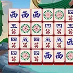 마작 타일들이 상하로 쌓여 있고, 배경은 전통 건축물과 정원을 나타내고 있다