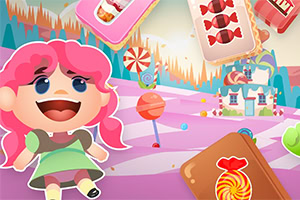 분홍 머리 소녀가 사탕과 쿠키로 가득한 알록달록한 풍경 속에서 웃고 있는 모습