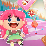 분홍 머리 소녀가 사탕과 쿠키로 가득한 알록달록한 풍경 속에서 웃고 있는 모습