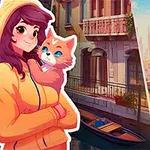 주황색 후드를 입은 소녀가 고양이를 안고 있으며, 배경에는 도시 풍경과 여러 개의 마작 타일이 보입니다