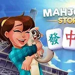 웃고 있는 여성이 고양이를 안고 있으며, 세 개의 마작 타일이 보임