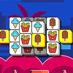 파란색 배경 위에 아이스크림, 감자튀김, 초콜릿 바가 그려진 타일들이 겹쳐져 있는 모습