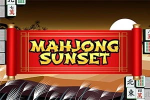 붉은 색 두루마리에 노란 글씨로 MAHJONG SUNSET가 적혀 있고, 배경에는 해가 지는 풍경이 보이며, 주변에 마작 패가 흩어져 있다