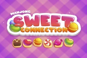 보라색 체크 패턴 배경에 다양한 색깔의 과자 아이콘과 함께 SWEET CONNECTION이라는 글자가 중앙에 있다