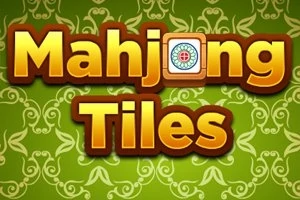 녹색 패턴 배경에 Mahjong Tiles라는 금색 텍스트와 마작 타일이 있는 이미지