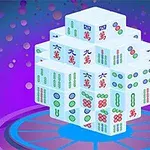 보라색 배경 위에 다양한 무늬가 있는 마작 패들이 입체적으로 쌓여 있다