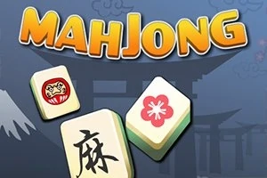 노란색 글씨로 MAHJONG이라는 제목과 함께 서로 다른 그림이 있는 세 개의 마작 패가 있는 이미지