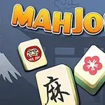 노란색 글씨로 MAHJONG이라는 제목과 함께 서로 다른 그림이 있는 세 개의 마작 패가 있는 이미지