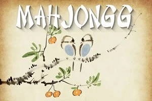 두 마리 새가 앉아 있는 나뭇가지와 열매 그림 위에 MAHJONGG라는 글자가 있는 이미지