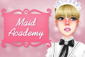 머리카락이 금발인 메이드 복장의 여성이 분홍색 배경 앞에 서 있고, 왼쪽에는 Maid Academy라는 글자가 적혀 있는 장식된 표지판이 있다