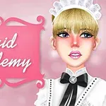 머리카락이 금발인 메이드 복장의 여성이 분홍색 배경 앞에 서 있고, 왼쪽에는 Maid Academy라는 글자가 적혀 있는 장식된 표지판이 있다