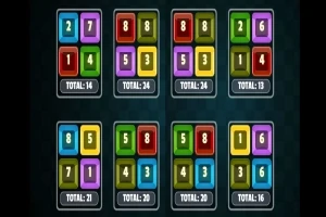 색상이 다른 숫자 블록들이 네 개씩 조합되어 있고 각 조합 아래에 총합 숫자가 표시되어 있습니다
