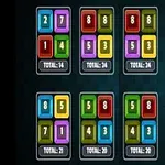 색상이 다른 숫자 블록들이 네 개씩 조합되어 있고 각 조합 아래에 총합 숫자가 표시되어 있습니다