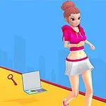 핑크색 옷을 입은 여성이 노란색 경로 위를 달리고 있으며, 주변에 열쇠와 노트북이 놓여 있다