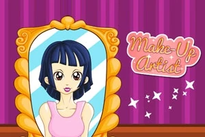 거울 앞에 있는 짧은 검은 머리를 가진 만화 스타일의 소녀와 Make-Up Artist라는 텍스트가 보라색 배경에 표시되어 있습니다