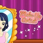 거울 앞에 있는 짧은 검은 머리를 가진 만화 스타일의 소녀와 Make-Up Artist라는 텍스트가 보라색 배경에 표시되어 있습니다