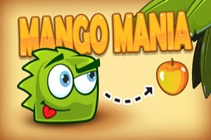 초록색 캐릭터가 화살표를 따라 매화를 바라보고 있고, 위에는 MANGO MANIA라는 글자가 있다