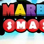다채로운 색상의 MARBLE 텍스트와 빨간색 구체에 흰색으로 쓰인 SMASH 텍스트가 있는 이미지