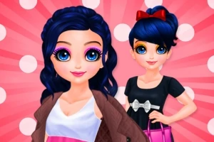 분홍색 배경 앞에 파란 머리를 가진 두 소녀가 서 있으며, 한 명은 짙은 눈화장을 하고 갈색 코트를 입고 있고 다른 한 명은 검은 드레스와 빨간 리본을 하고 있습니다