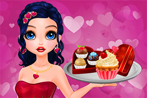 핑크색 하트 배경 앞에서 꽃모양 액세서리를 착용한 여성이 초콜릿과 컵케이크가 담긴 쟁반을 들고 있다