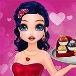 핑크색 하트 배경 앞에서 꽃모양 액세서리를 착용한 여성이 초콜릿과 컵케이크가 담긴 쟁반을 들고 있다