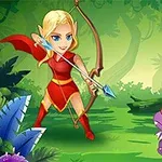 숲 속에서 활을 든 엘프 여자와 보라색 아기 용이 마주 보고 있는 장면