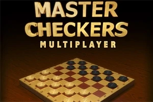 체커 게임 보드 위에 MASTER CHECKERS MULTIPLAYER라는 글자가 있는 이미지